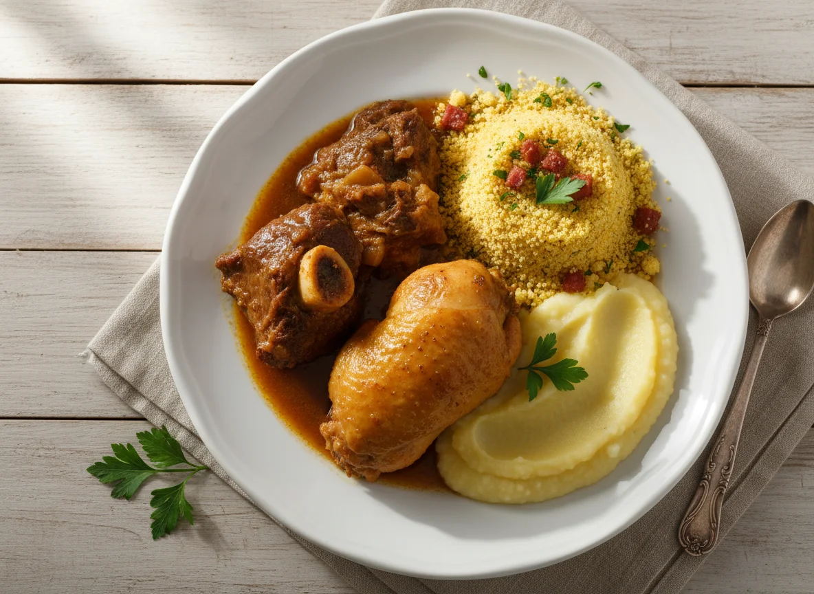 Prato misto com carne, frango e farofa photo