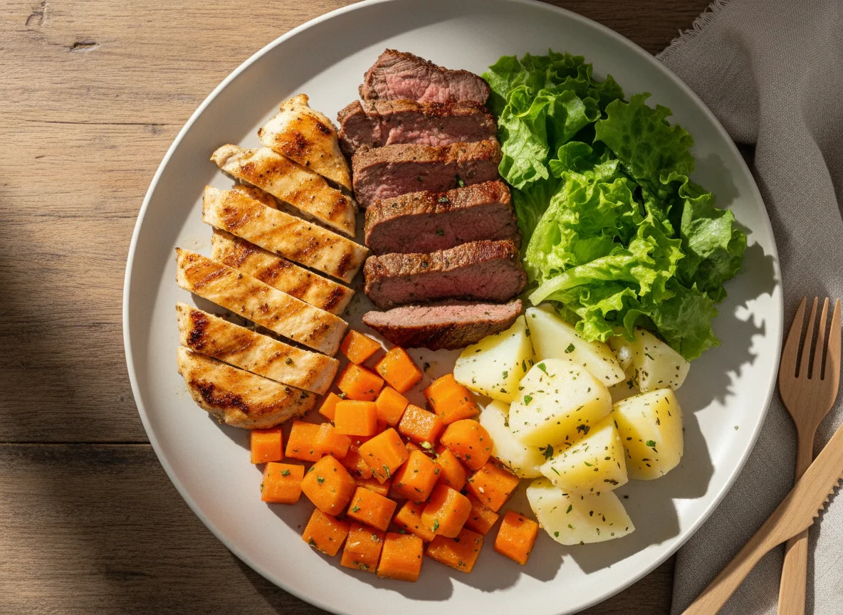 Prato misto com carne, frango, legumes e salada photo