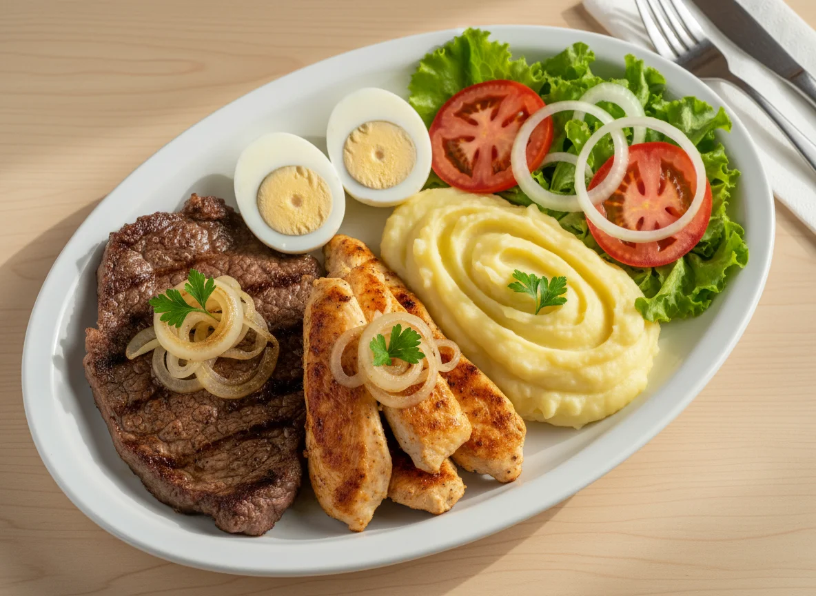Prato misto com carne, frango, ovos e salada photo