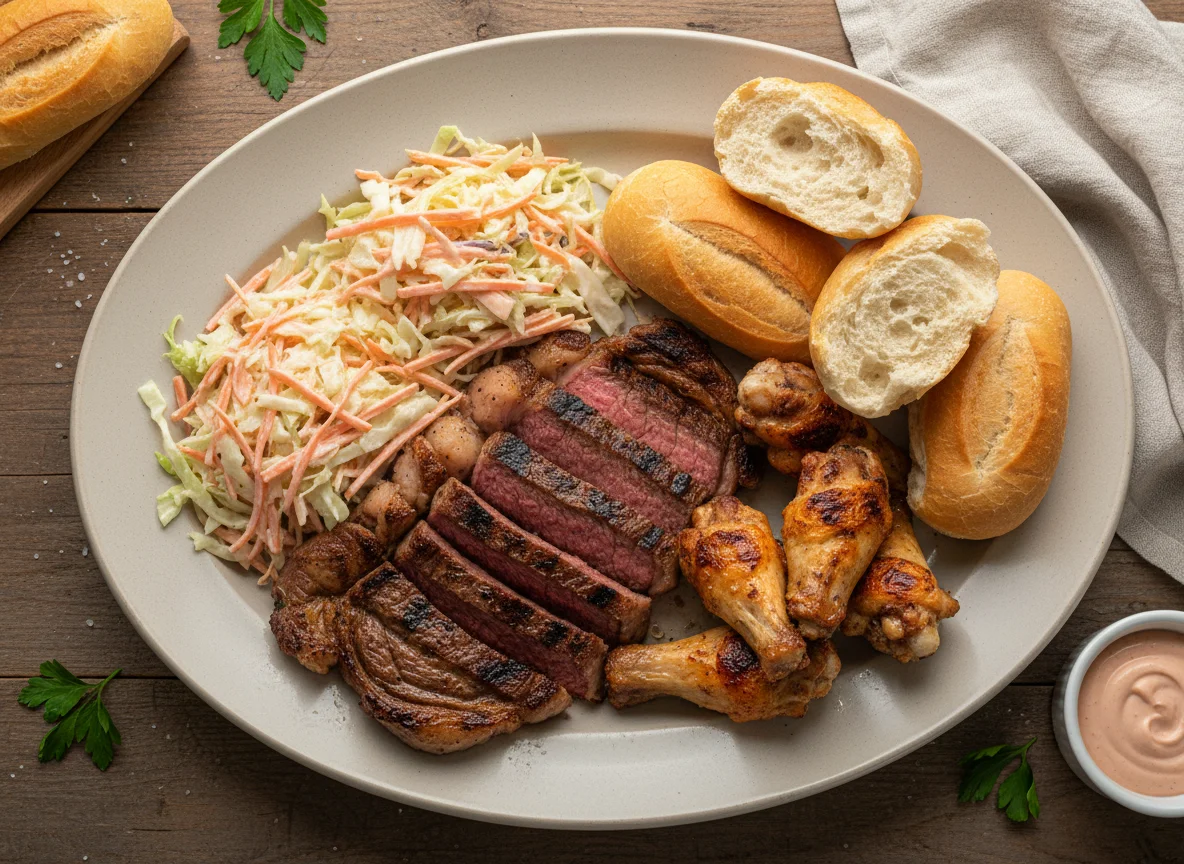Prato misto com carne, frango, salada e pão photo