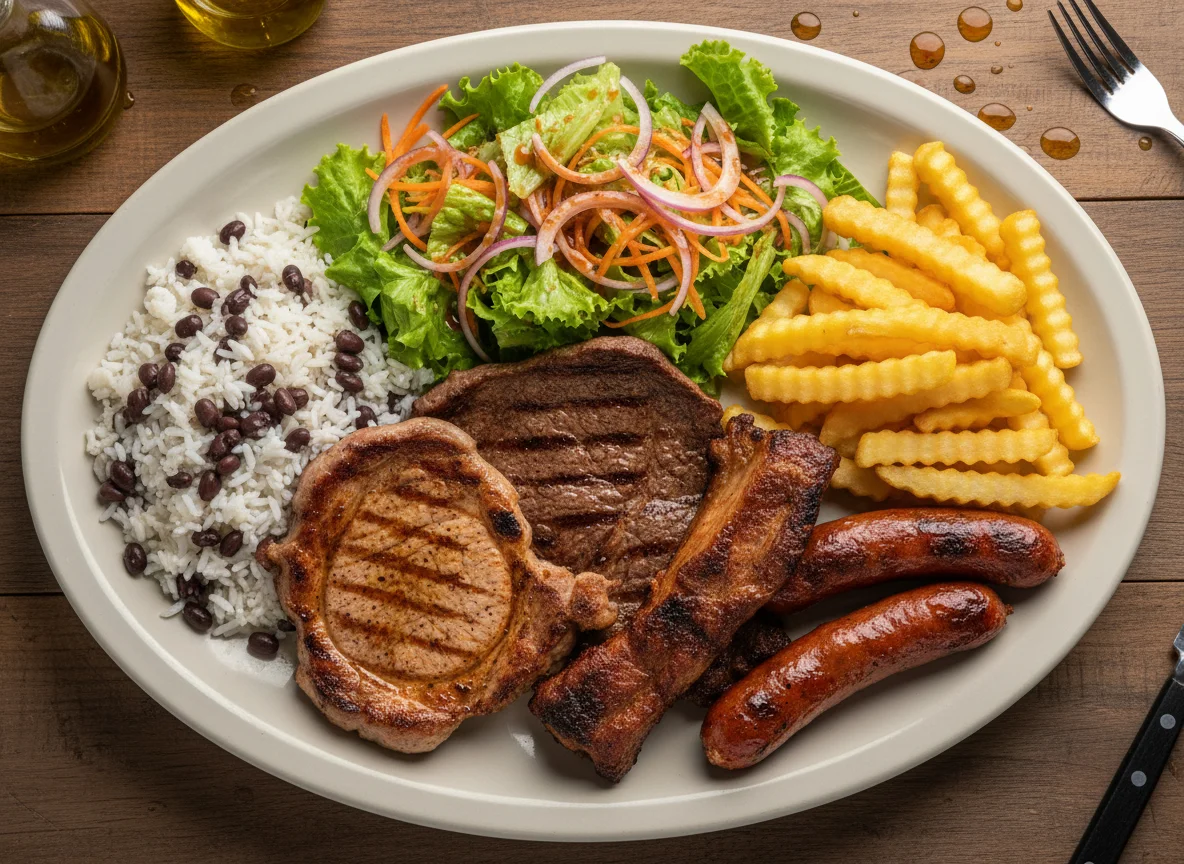 Prato misto com carne grelhada, batatas fritas, arroz e salada photo