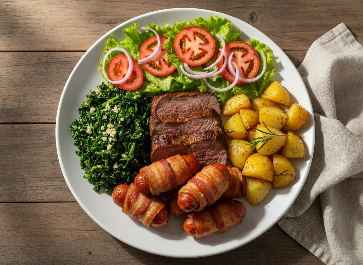 Prato misto com carne, legumes e salada photo