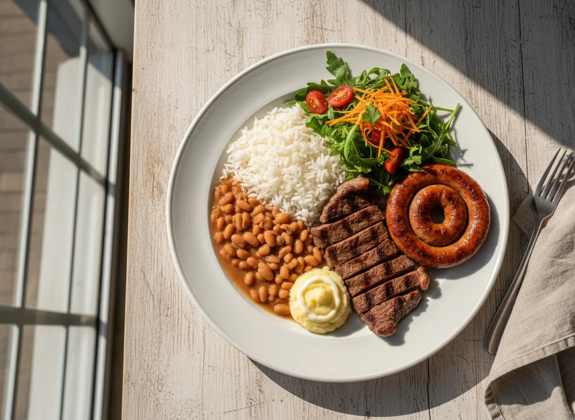 Prato misto com carne, linguiça, arroz, feijão, purê e salada photo