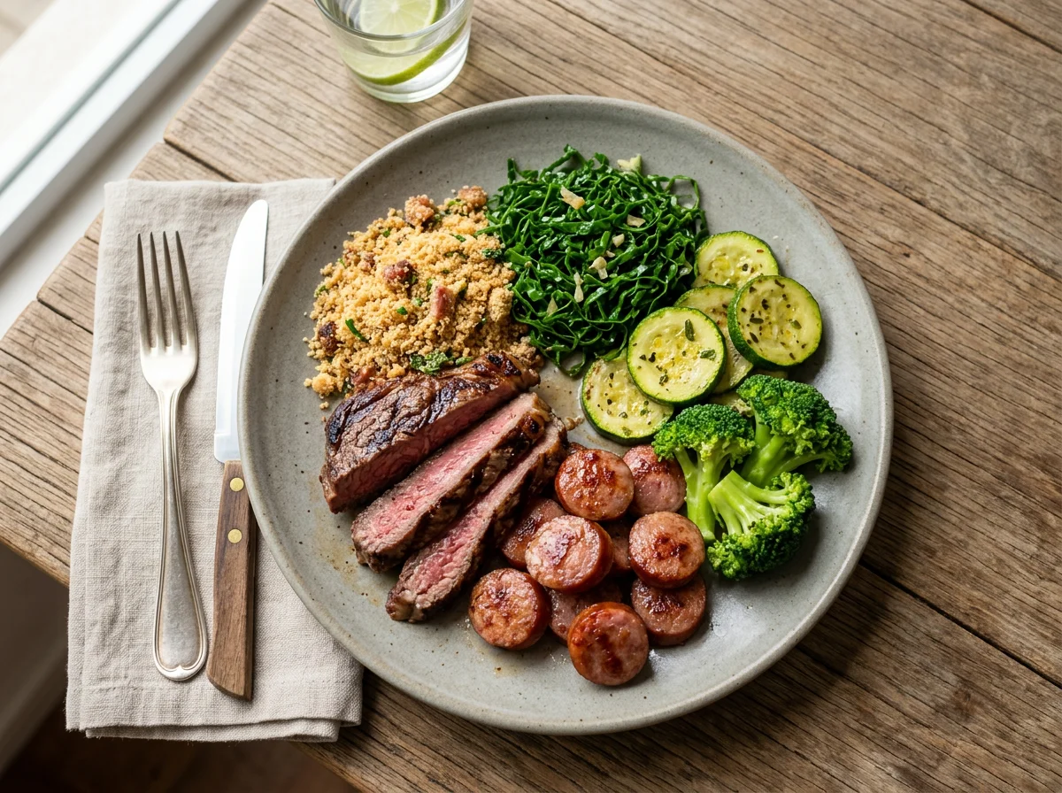 Prato misto com carne, linguiça e vegetais photo