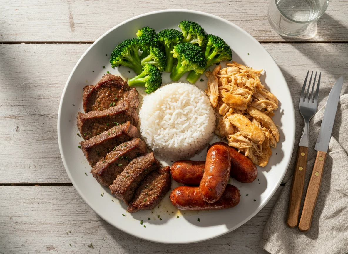 Prato misto com carne, linguiça, frango, arroz e brócolis photo