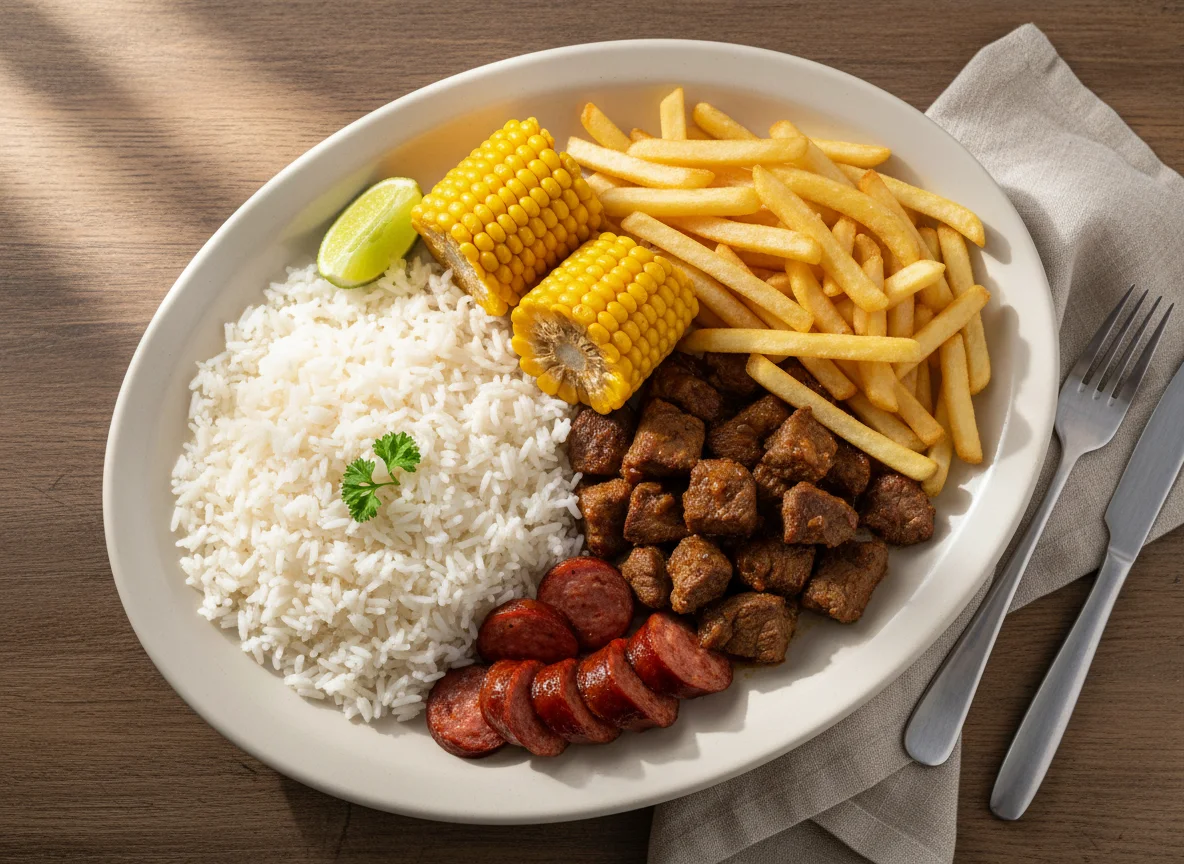 Prato misto com carne, linguiça, milho, arroz e batata frita photo