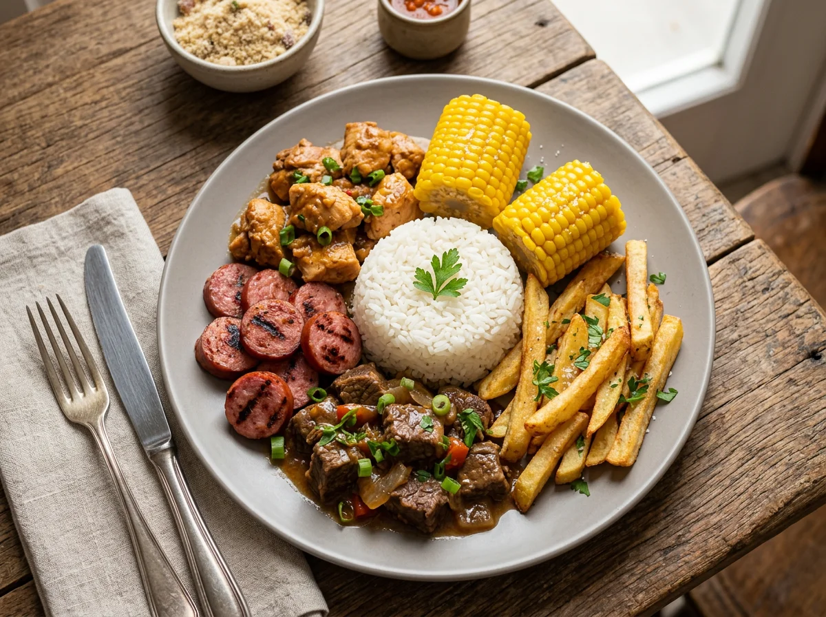 Prato misto com carne, linguiça, milho, batata frita e arroz photo