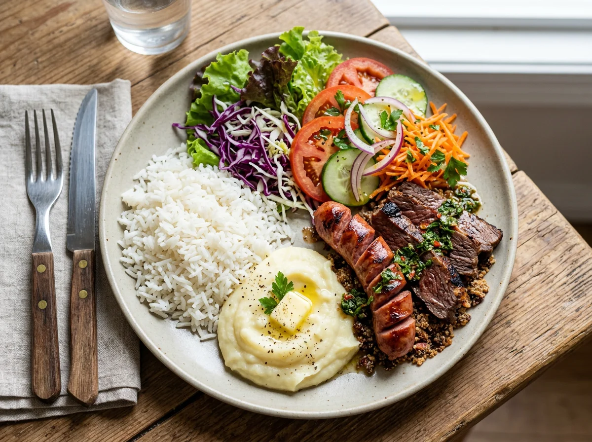 Prato misto com carne, linguiça, purê, arroz e salada photo