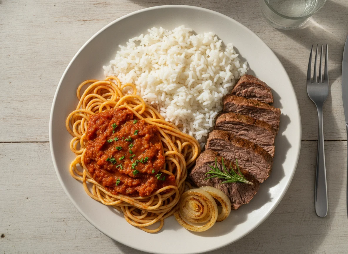 Prato misto com carne, macarrão e arroz photo