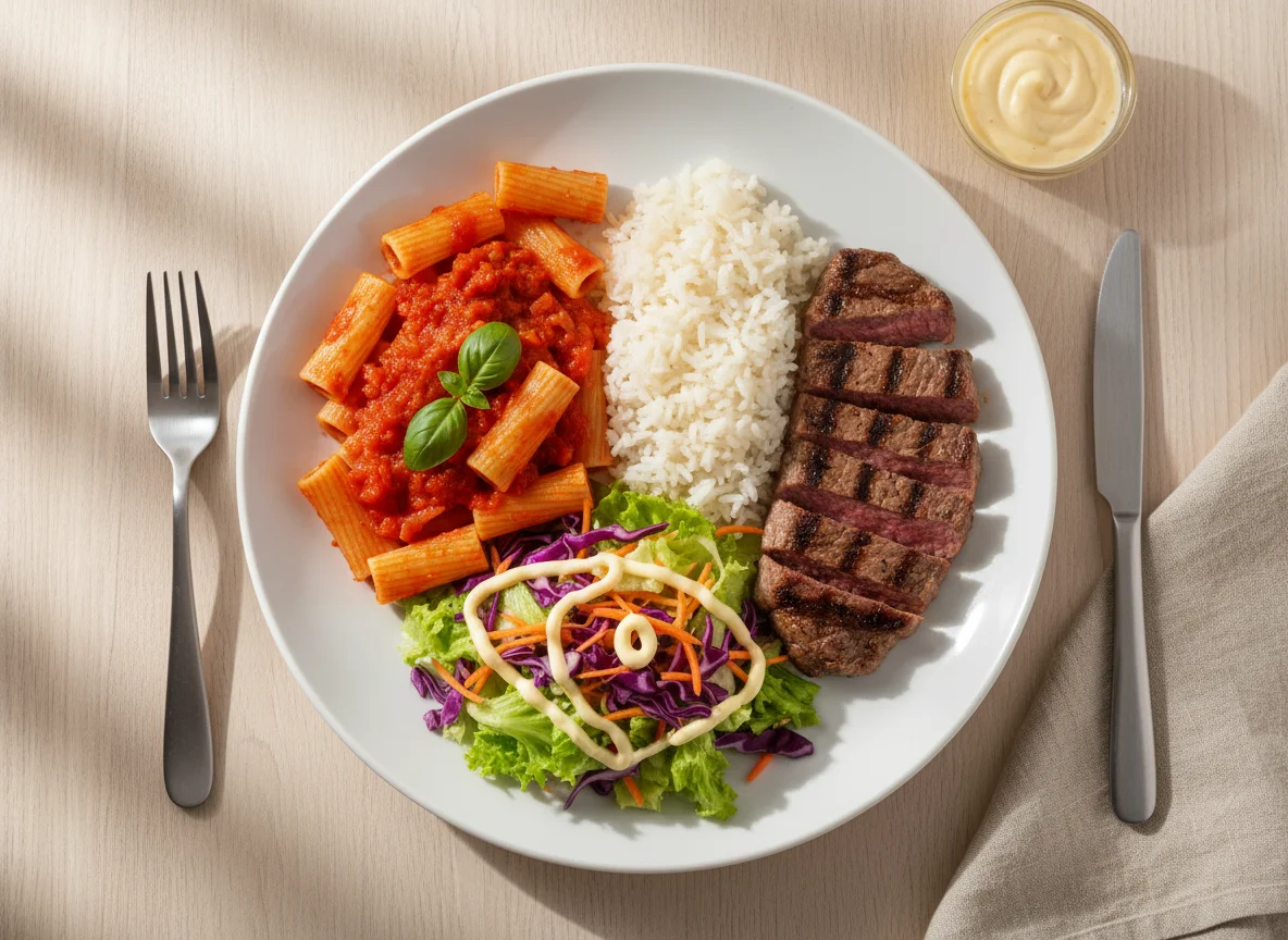 Prato misto com carne, massa, arroz e salada photo