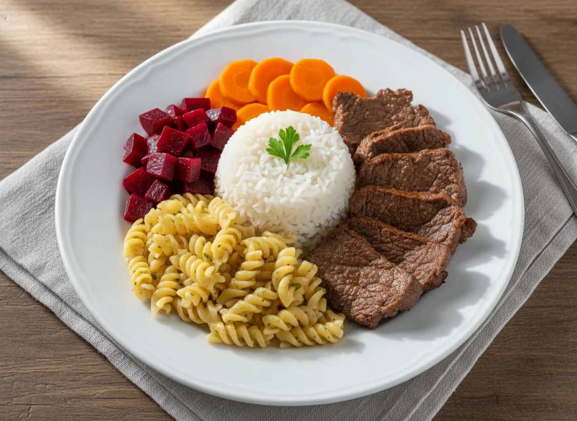 Prato misto com carne, massa, arroz e vegetais photo