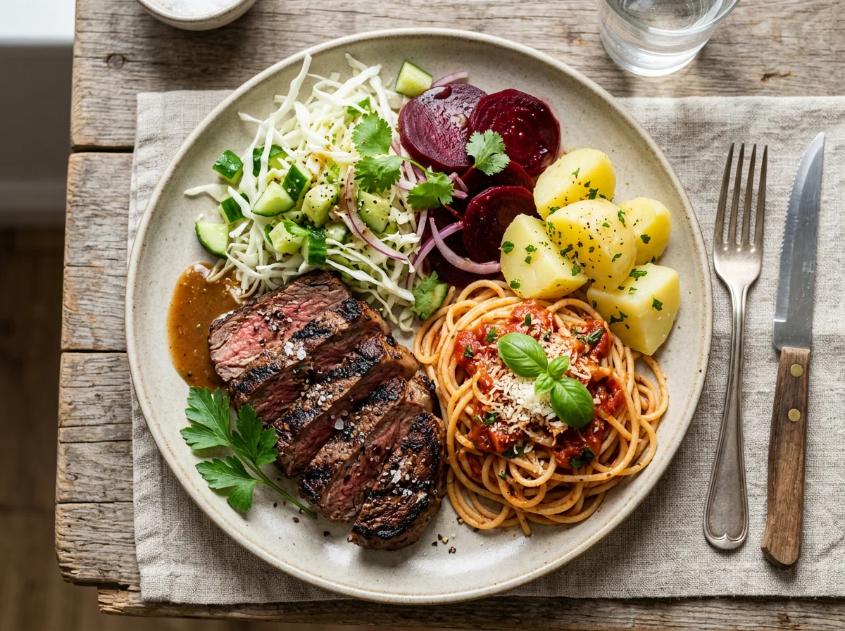 Prato misto com carne, massa e salada photo