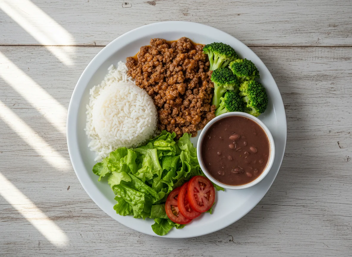 Prato misto com carne moída, arroz, brócolis e salada photo