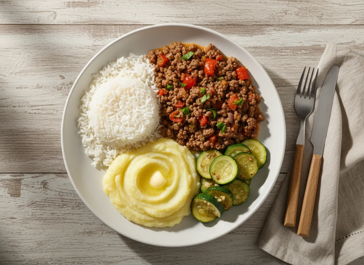 Prato misto com carne moída, arroz e purê de batata photo