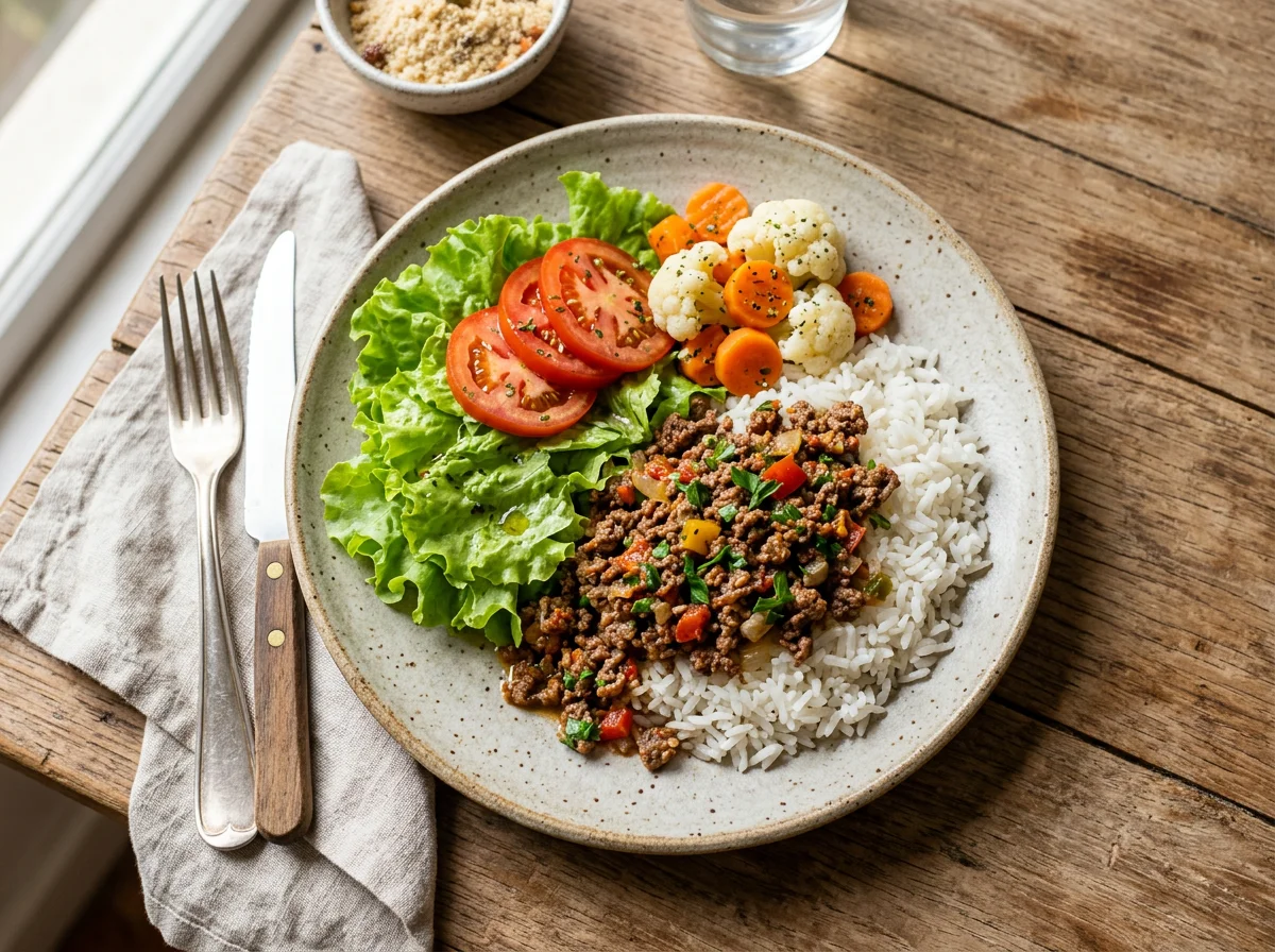 Prato misto com carne moída, arroz e salada photo