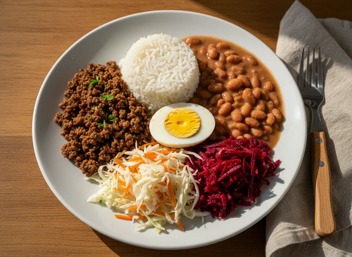 Prato misto com carne moída, arroz, feijão, ovo e salada photo