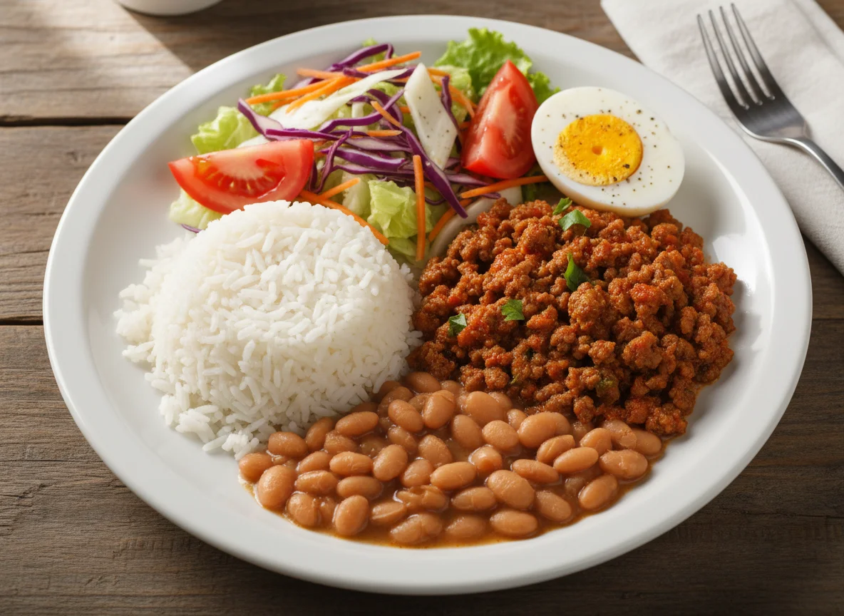 Prato misto com carne moída, arroz, feijão, salada e ovo cozido photo