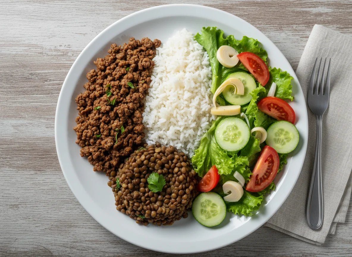 Prato misto com carne moída, arroz, lentilha e salada photo