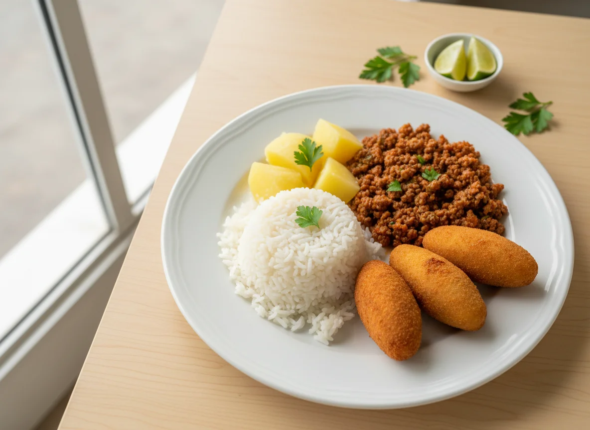Prato misto com carne moída, batata, arroz e bolinhos fritos photo