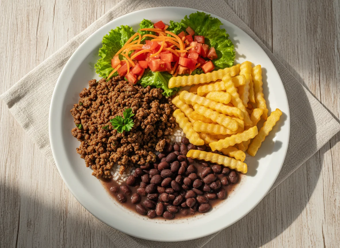 Prato misto com carne moída, batata frita e salada photo
