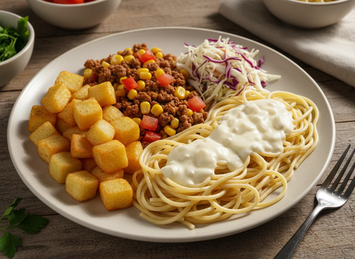Prato misto com carne moída, batatas e macarrão photo