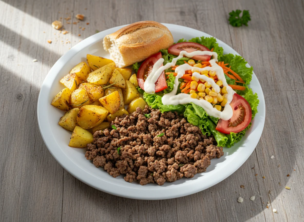 Prato misto com carne moída, batatas e salada photo
