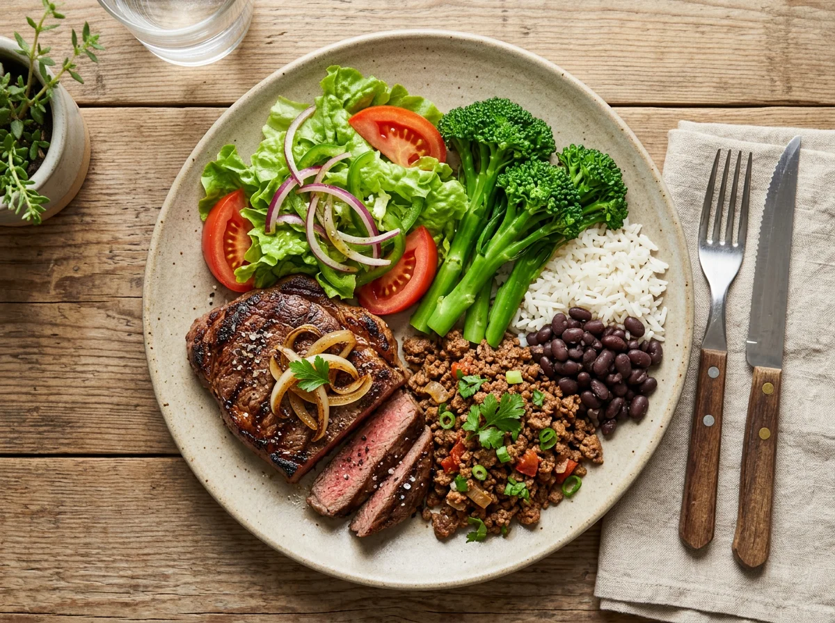 Prato misto com carne moída, bife e salada photo