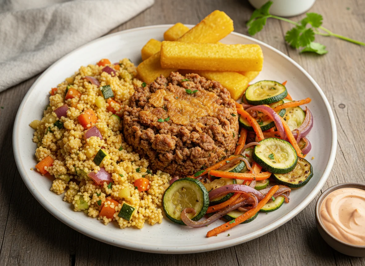 Prato misto com carne moída, cuscuz e legumes photo