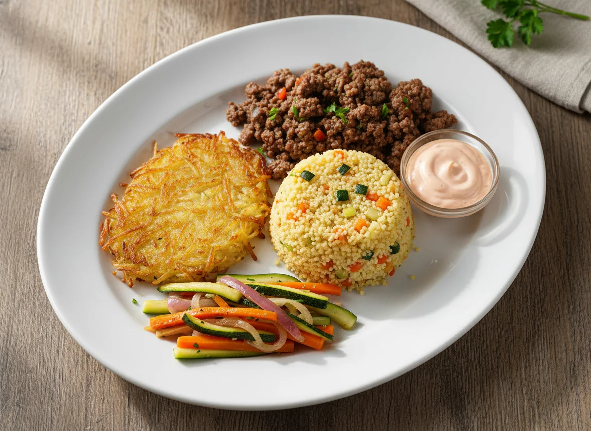 Prato misto com carne moída, cuscuz marroquino, legumes e batata rosti photo