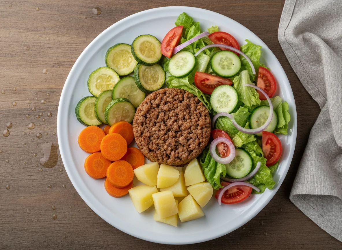 Prato misto com carne moída e salada photo