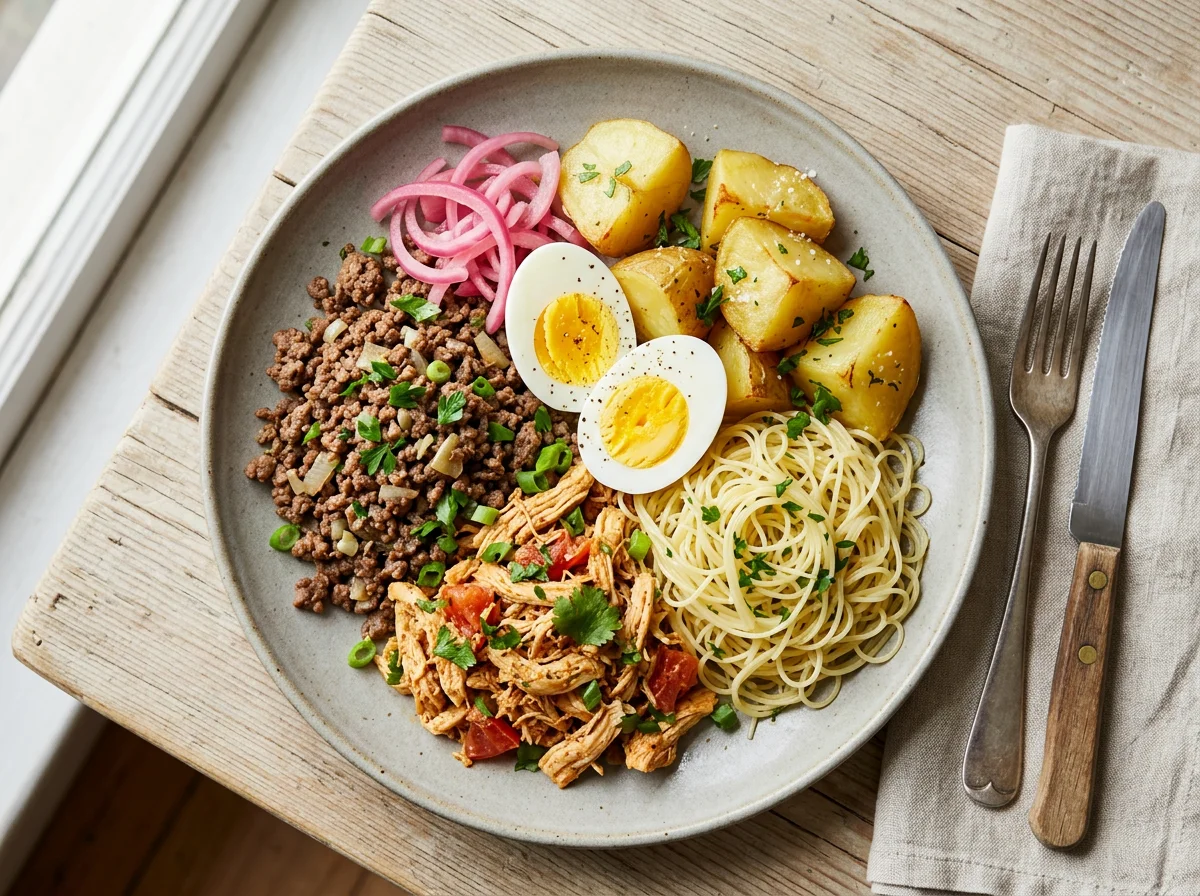 Prato misto com carne moída, frango, ovos e cebolas em conserva photo