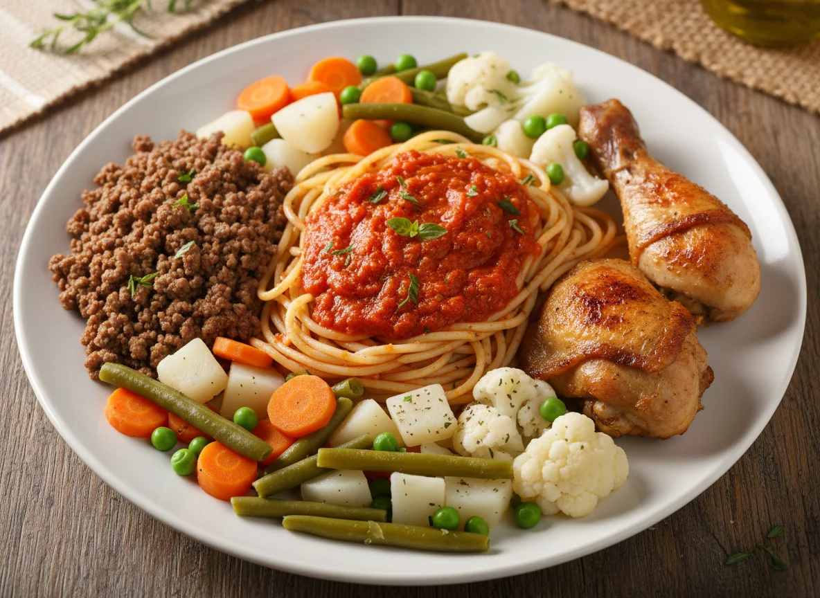 Prato misto com carne moída, macarrão, frango e vegetais photo