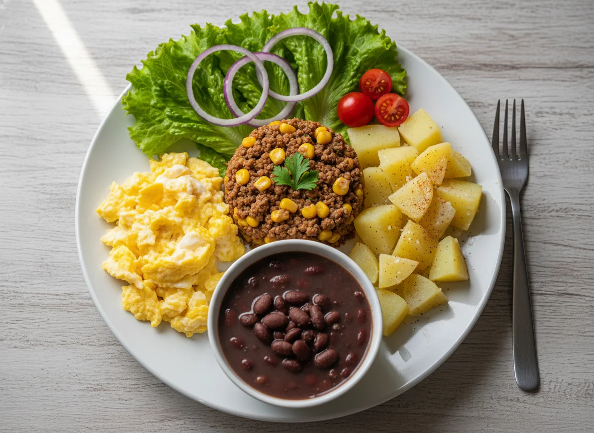 Prato misto com carne moída, ovos mexidos, batata e salada photo
