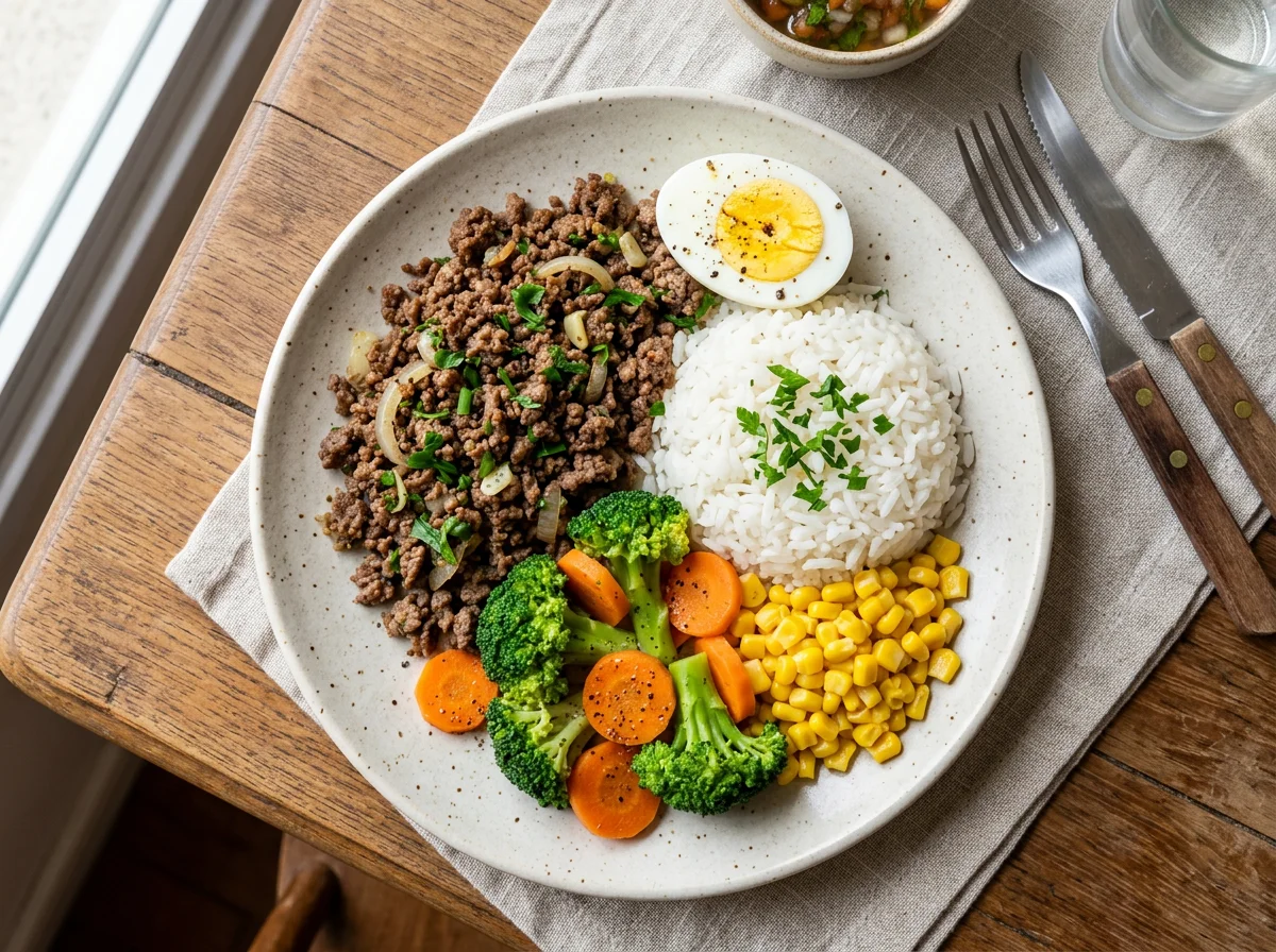 Prato misto com carne moída, vegetais, arroz e ovo photo