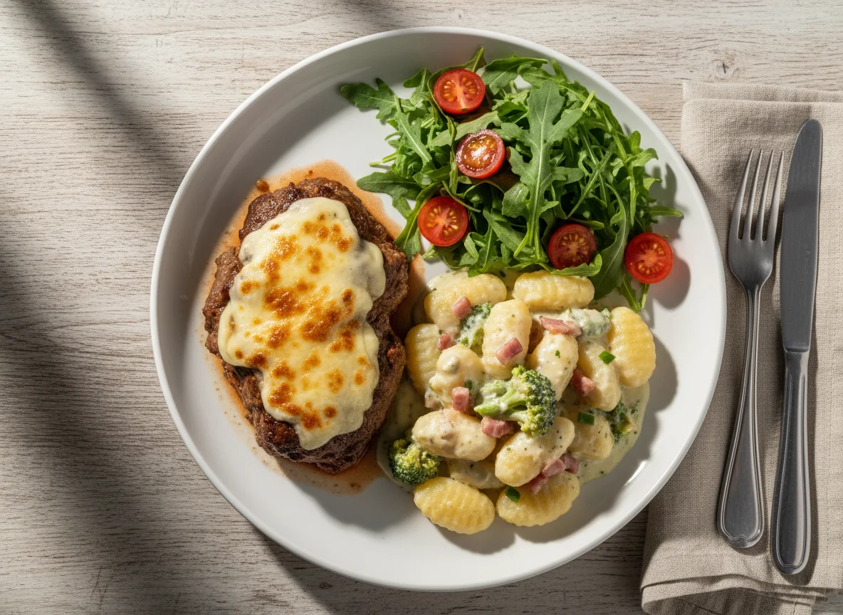 Prato misto com carne, nhoque e salada photo