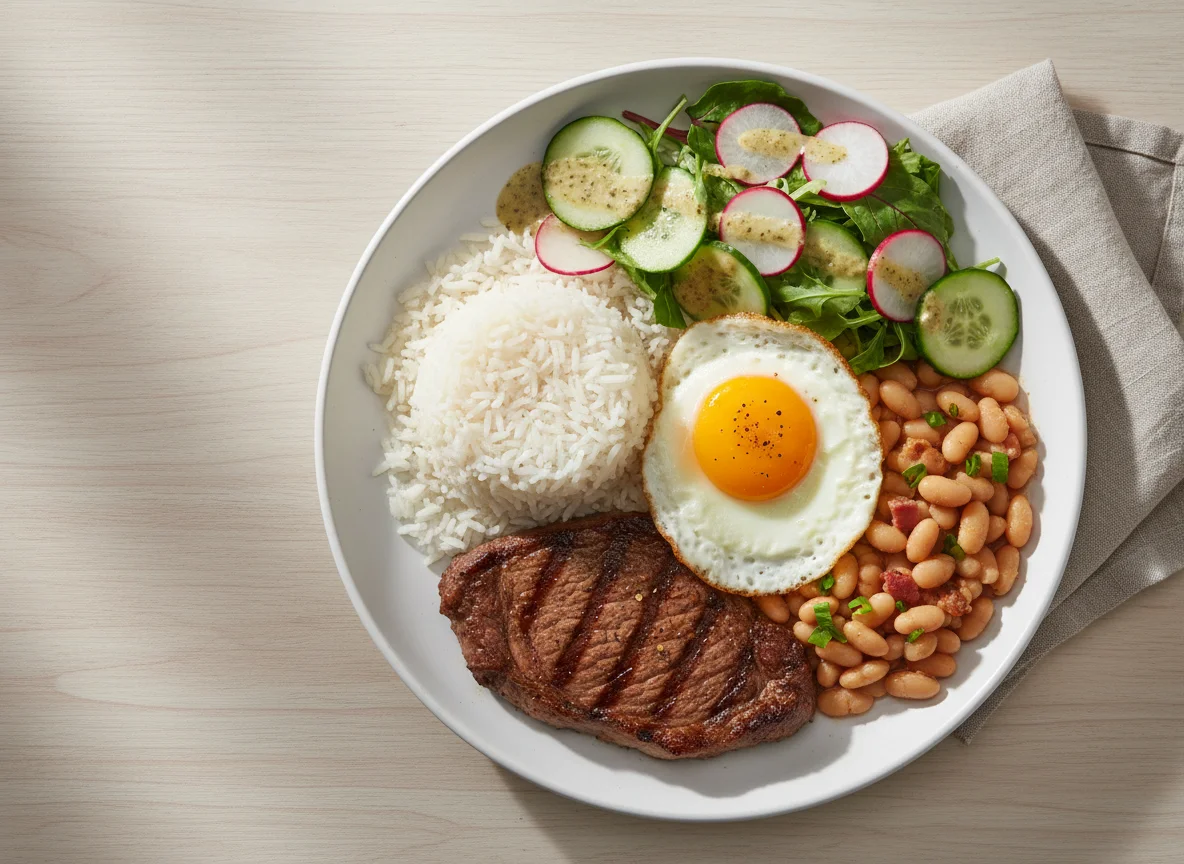 Prato misto com carne, ovo e salada photo