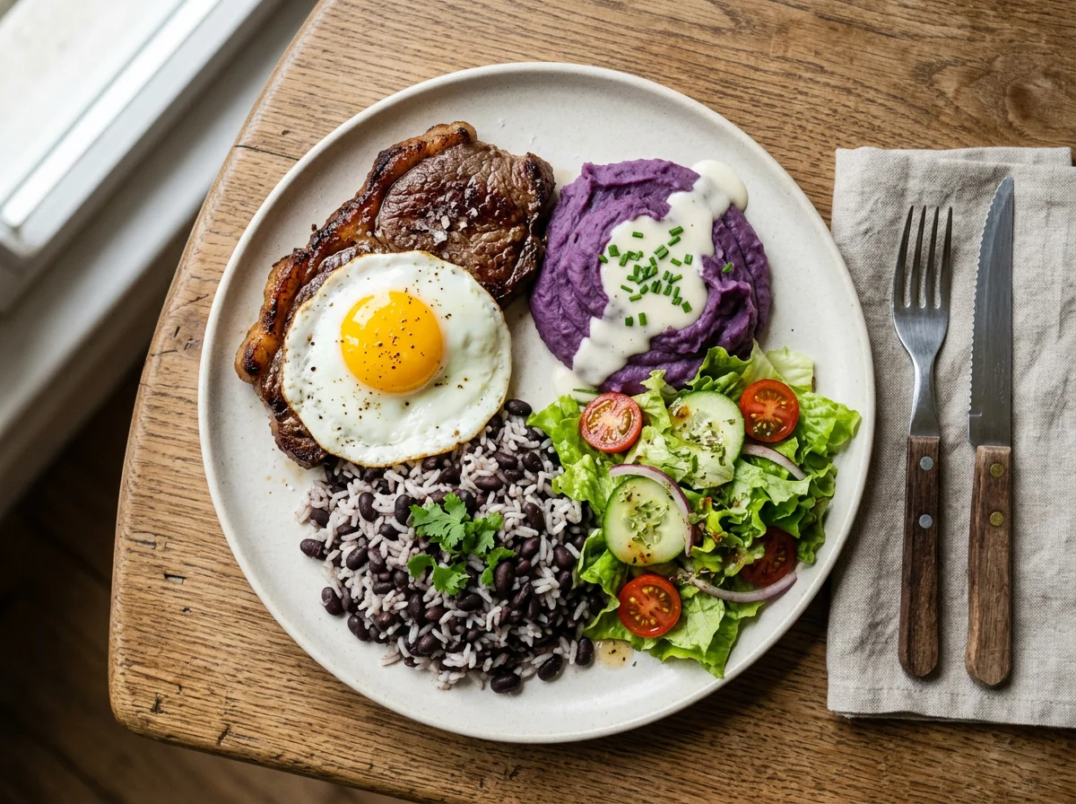 Prato misto com carne, ovo, puré de batata doce roxa, arroz com feijão e salada photo