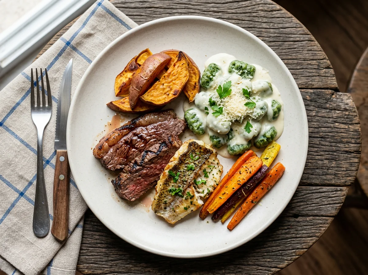 Prato misto com carne, peixe, massa e vegetais photo