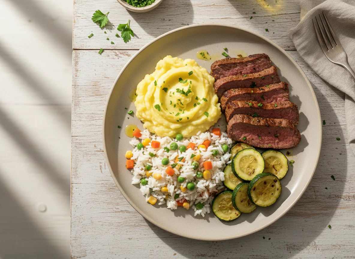 Prato misto com carne, purê, arroz e legumes photo