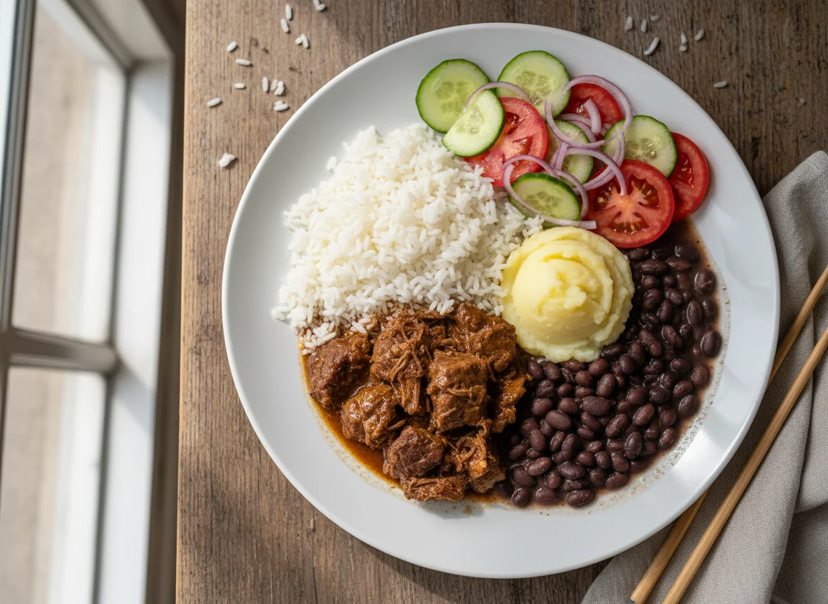 Prato misto com carne, purê, arroz, feijão e salada photo