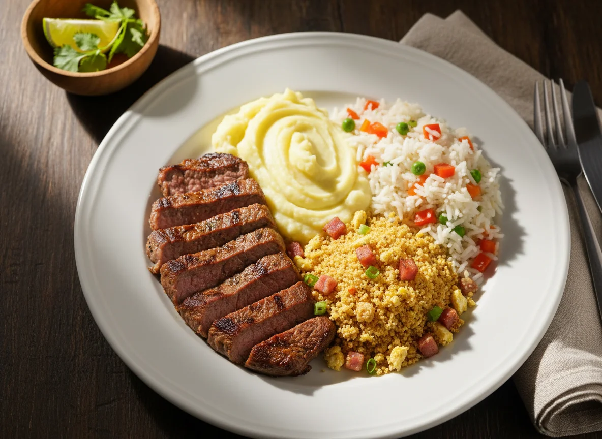 Prato misto com carne, purê e farofa photo