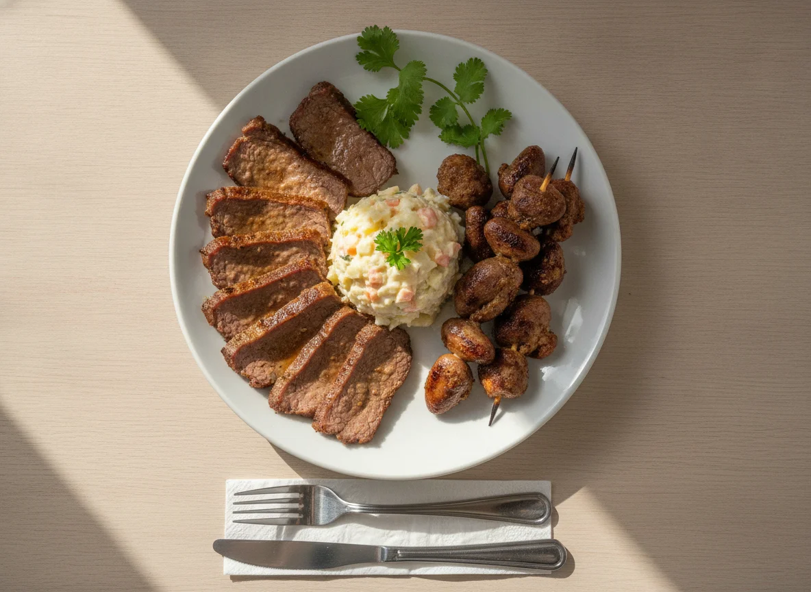 Prato misto com carne, salada de maionese e coração de galinha photo