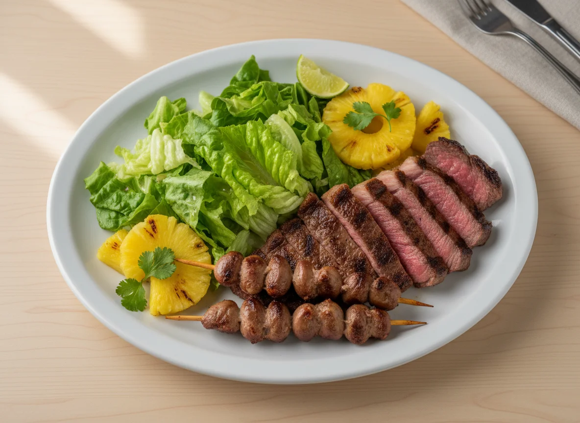 Prato misto com carne, salada e abacaxi photo