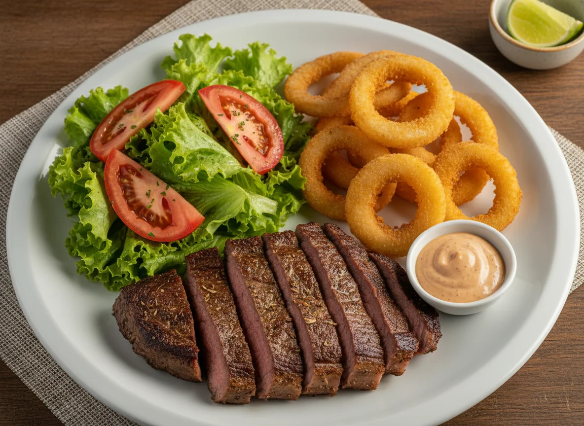 Prato misto com carne, salada e anéis de cebola photo