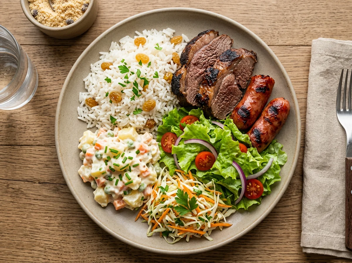 Prato misto com carne, salada e arroz photo