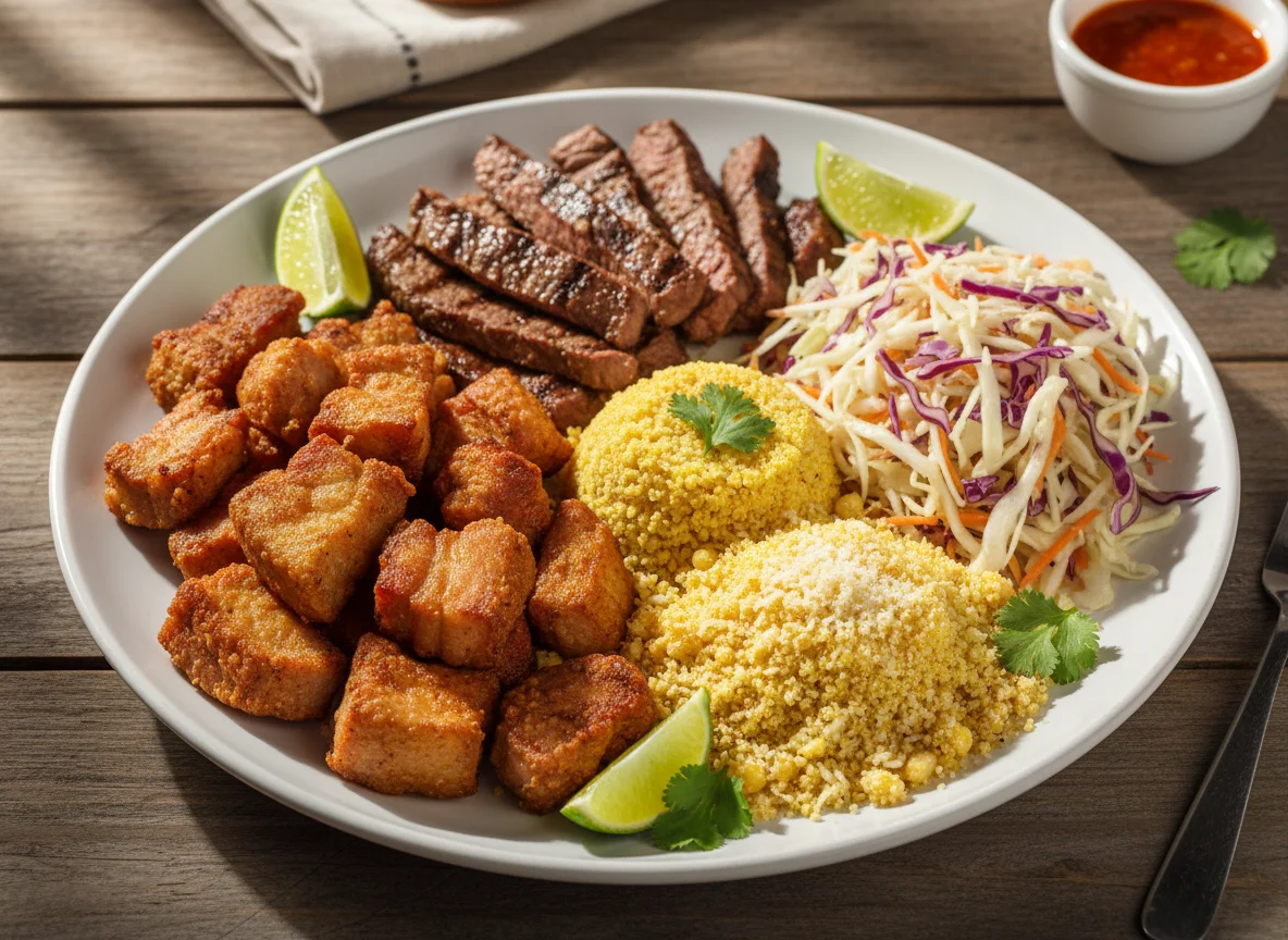 Prato misto com carne, salada e farofa photo