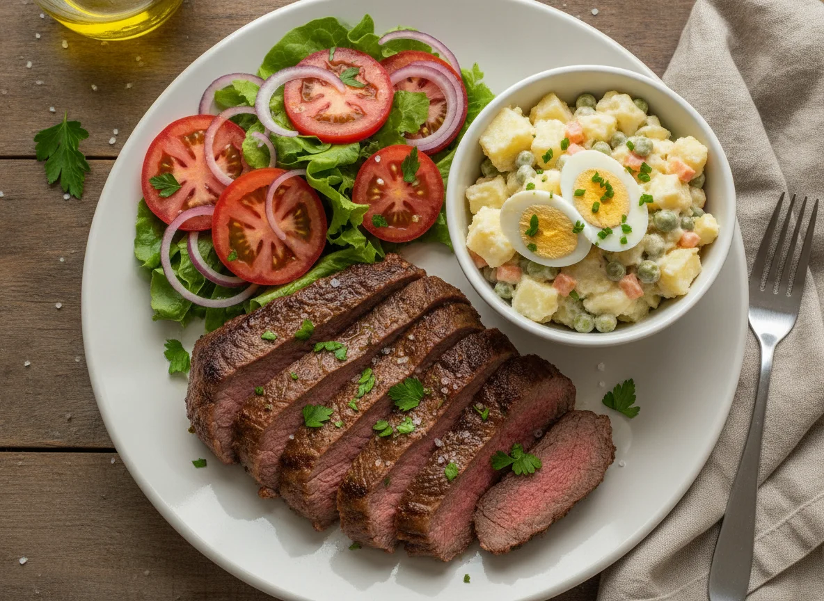 Prato misto com carne, salada e maionese photo