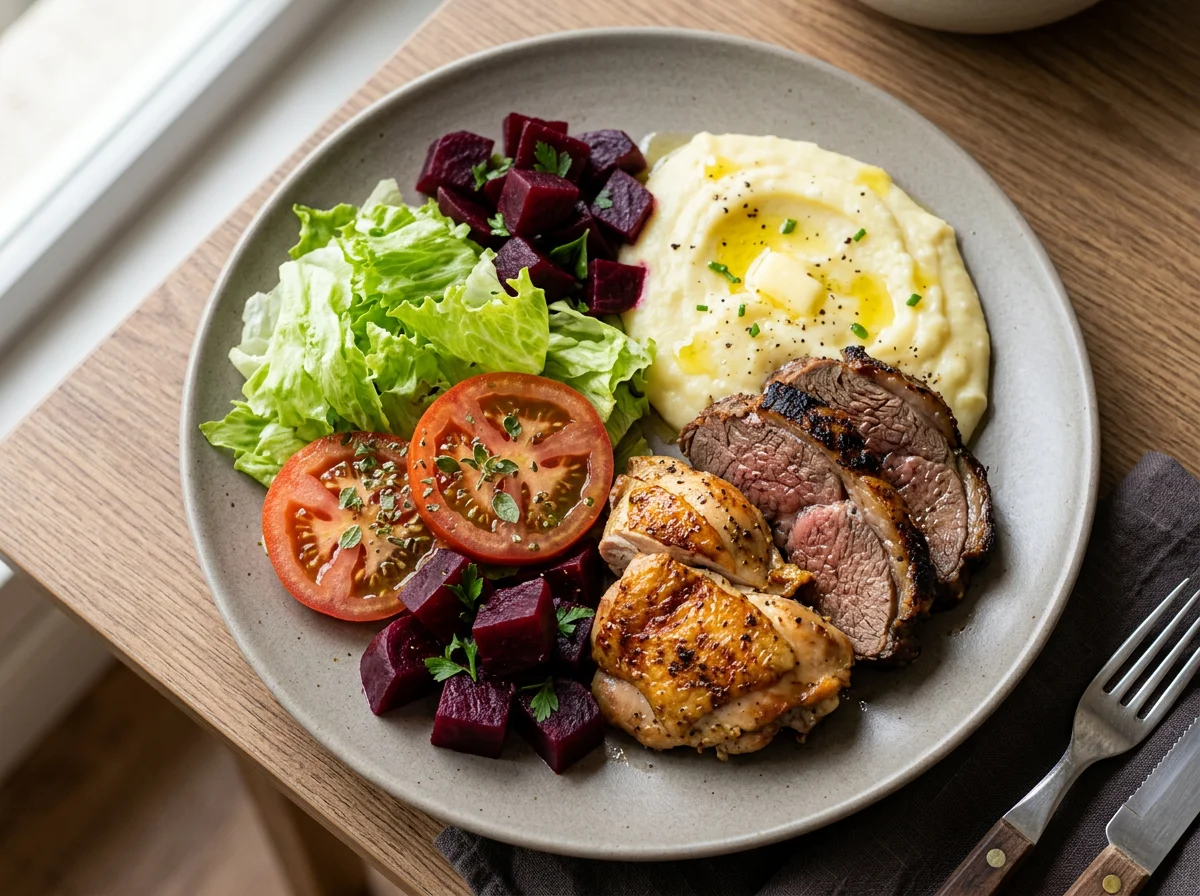 Prato misto com carne, salada e purê photo