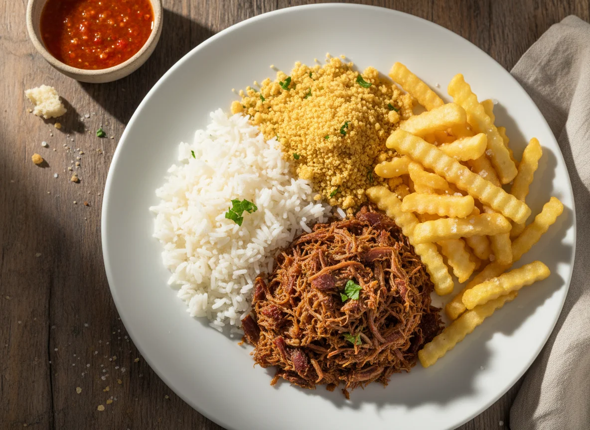 Prato misto com carne seca, arroz, farofa e batata frita photo