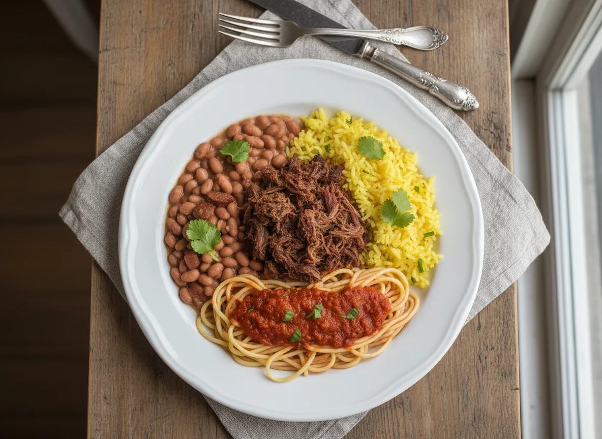 Prato misto com carne seca, feijão, arroz e macarrão photo